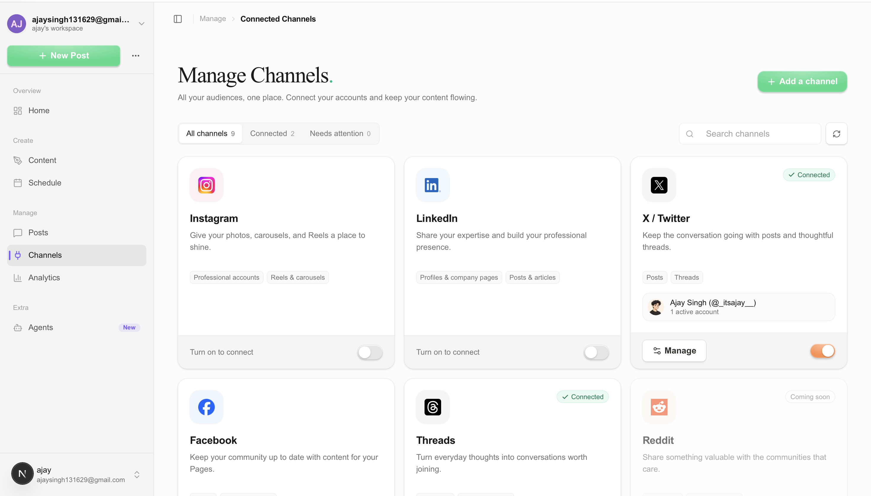 Channels dashboard preview